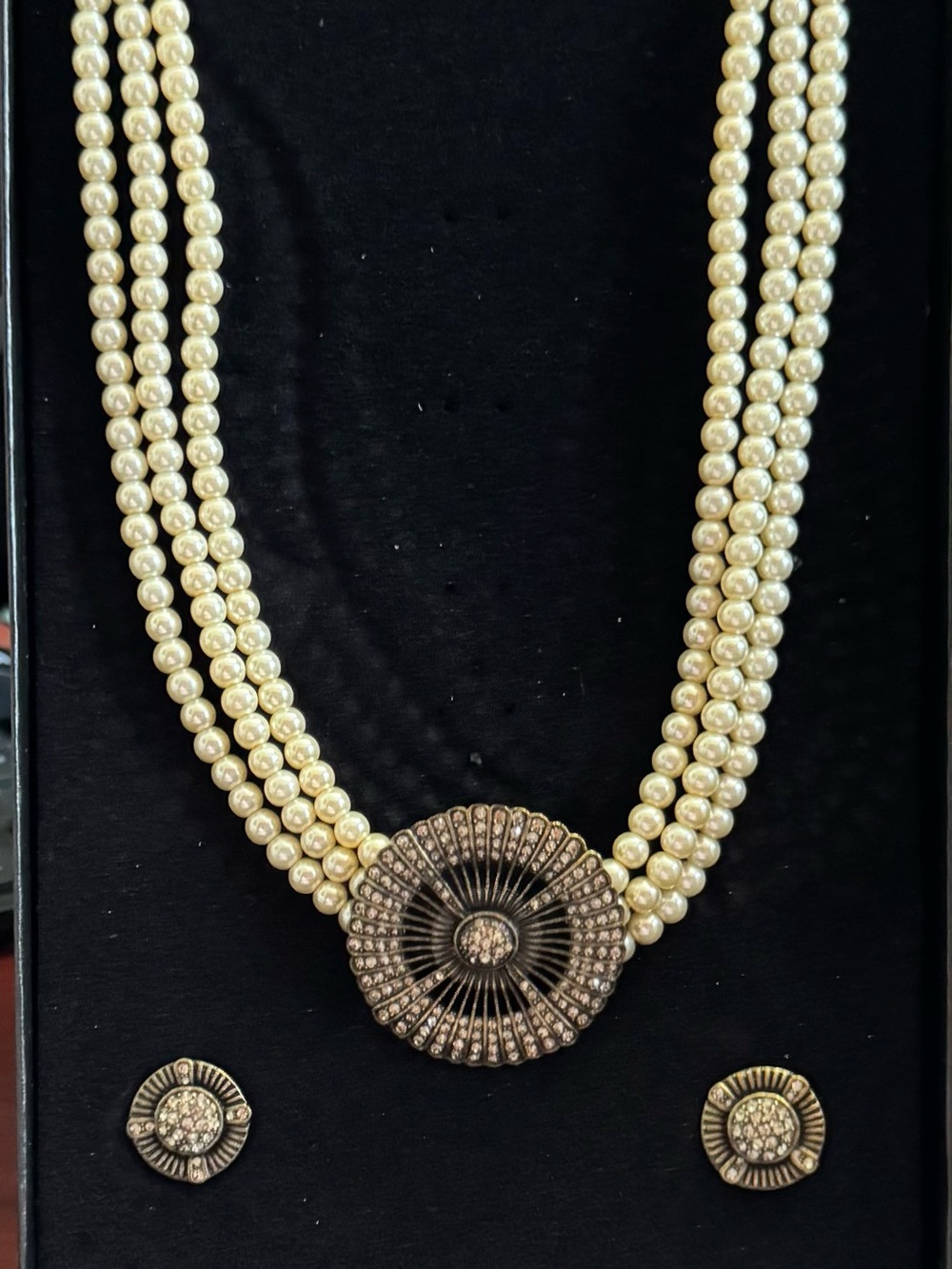 Heidi Daus Pearl Multi-Strand Necklace with Antique Gold Crystal Disc & Earrings